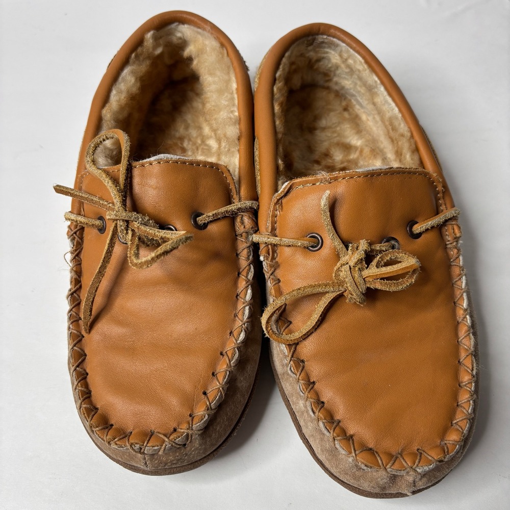 VTG‎ Old Friend Women's Moccasin Slippers Tan Leather Shearling Lined Size 9